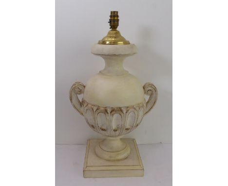 A shabby-chic-style painted table-lamp in the form of a classical two-handled vase (54 cm high including electrical fitting)