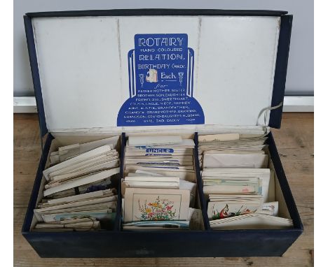 A box of mainly early 20th century unused greetings cards with associated box 'Rotary Hand Coloured Relation Birthday Cards..