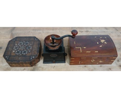 A mixed lot comprising a Japanese parquetry inlaid work box, an Indian brass inlaid domed top box and a Baldwin &amp; Sons co