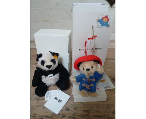 A Steiff Paddy Panda and a Steiff Paddington Bear ornament (no.1753/500), both in original boxes.