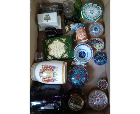 A box of mainly assorted china and glass collectables including millefiori paperweights, a Carltonware table lighter, a Japan