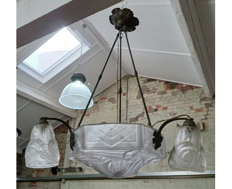 A French Art Deco pressed glass and metal ceiling light fitting by Degue, length 75cm.Condition:- General wear through age an