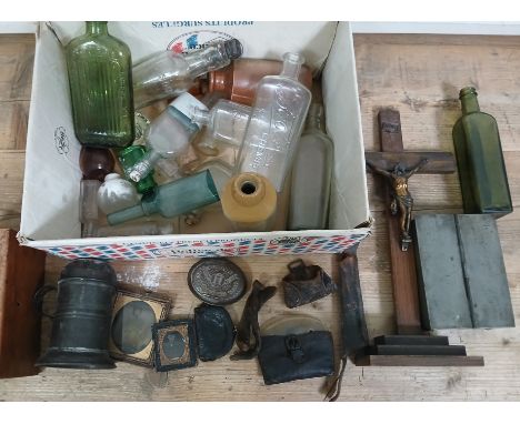 A box of assorted collectables including poison bottles, photographs, an early horn comb with leather case, etc. etc.