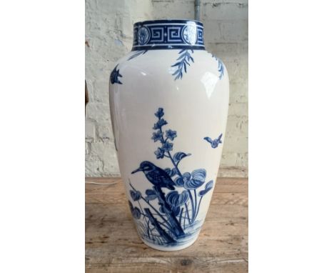 A large Mintons blue and white transfer printed pottery vase or stick stand, date mark for 1909, height 59.5cm.  Condition - 