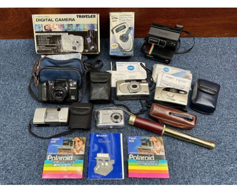 Box of Vintage Cameras, including Traveller Digital Camera, Polaroid President, Minolta Vectis 20, Konika, and others, togeth