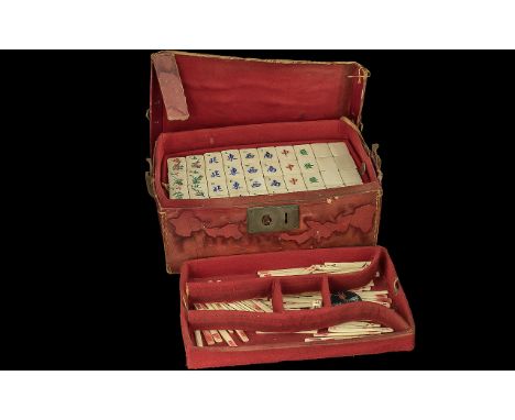 Early Chinese Mahjong Game Set. Chinese Mahjong Set Housed In Leather Carry Case, Leather Case Is Tatty with Age. 