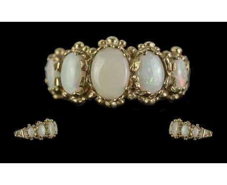 Ladies - Antique Period 9ct Gold 5 Stone Opal Set Ring, Ornate Setting. Full Hallmark to Shank. The Well Matched Opals of Mil