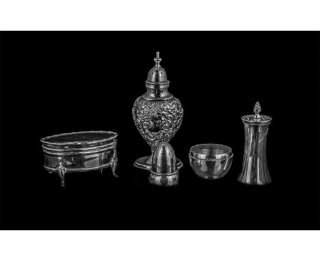 Small Collection of Assorted Sterling Silver Pieces, comprising pepper pots, a lidded trinket dish, and a small tot.