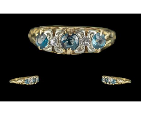 18ct Gold - Pleasing Sapphire and Diamond Set Ring. Full Hallmark to Interior of Shank. Ring Size L - M. Weight 3.00 grams.