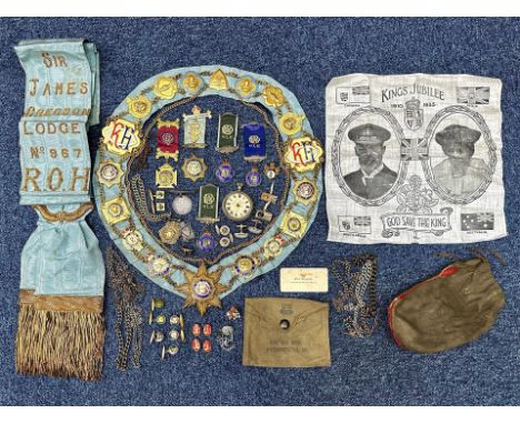 Masonic Interest - Collection of Masonic items, including medals, chain of office, sash embroidered Sir James Gregson Lodge N