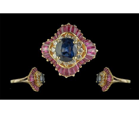 18ct Yellow Gold Excellent and Superior Quality Ruby - Sapphire and Diamond Set Cluster Ring. Pleasing 1930's Design and Spar