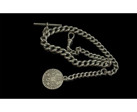 Victorian Period 1837 - 1901 Sterling Silver Albert Watch Chain with T-Bar and Attached George III, Silver Shilling Date 1787