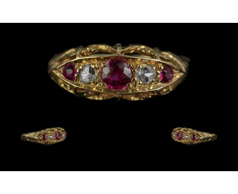 Antique Period - Attractive 18ct Gold Ruby and Diamond Set Ring - Ornate Gallery Setting. Hallmark Chester, Rubies of Excelle