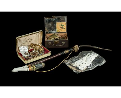 Box of Vintage Collectibles, including a vintage German pipe, mother of pearl opera glasses, razor, compact, miniature pipe i