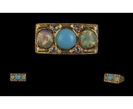 18ct Gold - Pleasing Quality Turquoise and Opal Style with Diamond Spacers Dress Ring, Marked 18ct. The Natural Turquoise of 