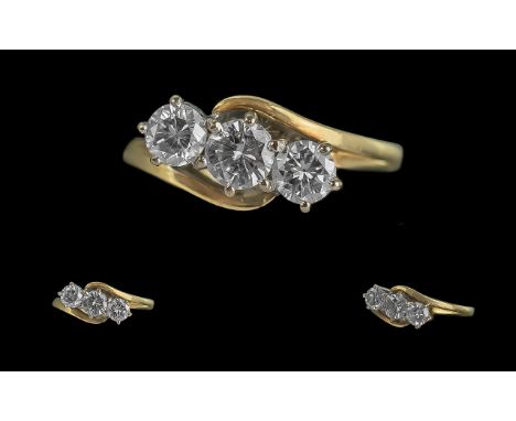 Ladies 1950's Pleasing 18ct Gold 3 Stone Diamond Set Ring - Full Hallmark to Interior of Shank. The 3 Round Brilliant Cut Dia