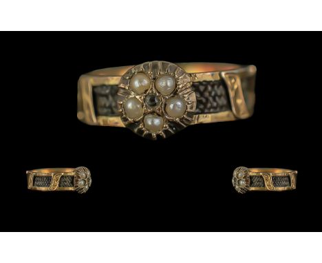 Antique Period 15ct Gold Mourning Ring with Intertwined Braided Hair to Sections of Outer Band, Set with Pearls to Centre. Fu