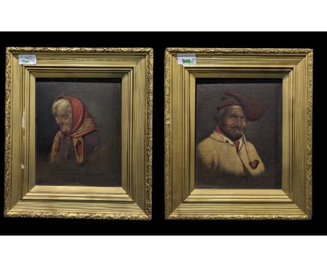 Pair of Italian Oil on Canvas Paintings, portrait of a lady and gent, gilt swept frame, overall size 14'' x 12''.