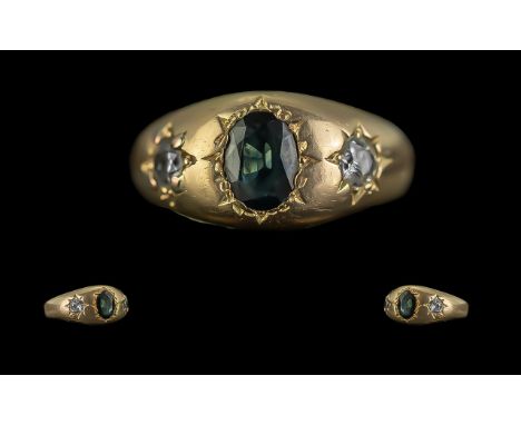 18ct Gold Pave Set Diamond and Sapphire 3 Stone Ring. Marked 18ct to Shank. The Blue Faceted Sapphire Flanked by Two Cushion 