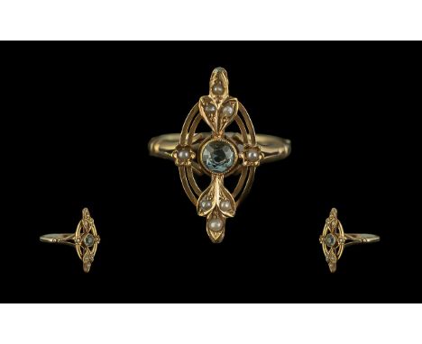 Antique Period 9ct Gold Aquamarine &amp; Seed Pearl Set Ring.  Excellent proportions and design.  Full hallmark to interior o