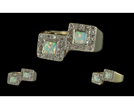 14ct Gold Superior Quality Opal &amp; Diamond Set Double Cluster Dress Ring, marked 585 - 14ct to shank.  The two central opa