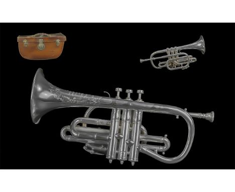 Hawks &amp; Son Silver Plated Cornet ' The Clipper tone Excelsior ' Sonorous Class, A No 41984. With Original Tan Leather Cas