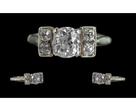 Art Nouveau Pleasing Design and Quality Palladium Diamond Set Ring - Diamond Set Ring. Marked Palladium to Shank. The Central