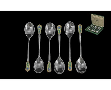 Harrods of London 1930's Sterling Silver and Enamel Set of Six Boxed Teaspoons - Hallmark Birmingham 1933 Makers Mark B-1. St