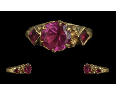 A 22ct Gold Superior Handmade Ruby Set Ring - Of Burmese Ruby Colour. The Shank is Not Marked But Tests for 22ct. The Central