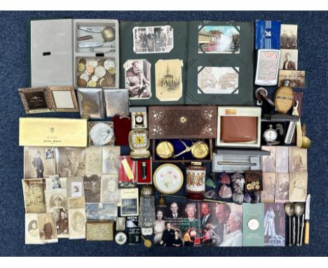 Box of Miscellaneous Collectibles, including man's wallet, album of vintage postcards, book Paradise Lost conceals jewellery 