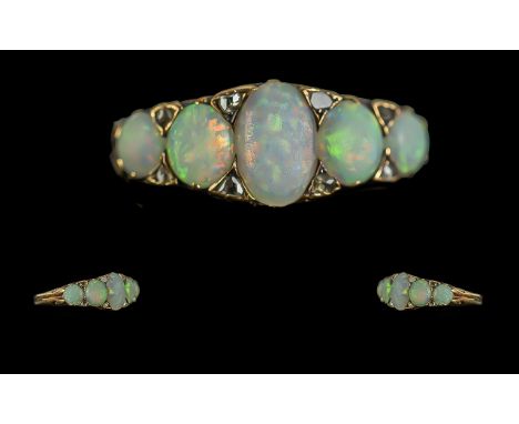 Antique Period - Attractive 18ct Gold Opal and Diamond Set Ring. c.1900. Not Marked but Tests High Ct Gold. The Five Well Mat