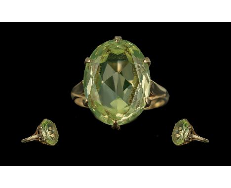 Ladies Attractive 9ct Gold Single Stone Pale Peridot Set Dress Ring - Full Hallmark to Shank. The Faceted Peridot of Pale Gre