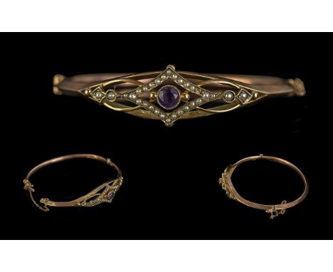 Edwardian Period - Attractive 9ct Rose Gold Hinged Bangle, Set with Amethyst and Seed Pearls, Full Hallmark to Bangle. With S