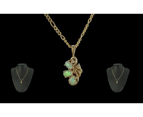 Ladies 9ct Gold 3 Stone Opal Set Pendant - Together with a 9ct Gold Necklace. Opals of Lovely Colour. Approx Weight Altogethe