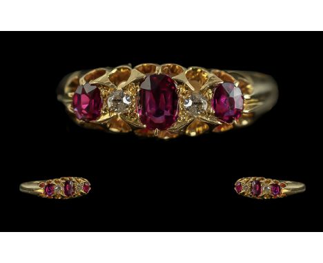 Antique Period Attractive 18ct Gold Ruby &amp; Diamond Set Ring, full hallmark to interior of shank Chester 1909 - 18ct.  The