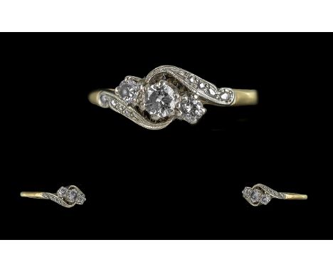 18ct Gold and Platinum 3 Stone Diamond Set Ring - Marked 18ct and Platinum to Interior of \shank. Date of Purchase 25.12.1948