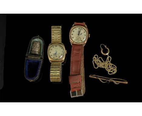 Mixed Lot to Include two 9ct gold early 20th century manual wind wristwatches, broken 9ct gold chain, bar brooch, yellow meta