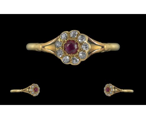 Antique Period 18ct Gold Attractive Petite Ruby and Diamond Set Cluster Ring, Pleasing Design / Setting, Marked to Interior o