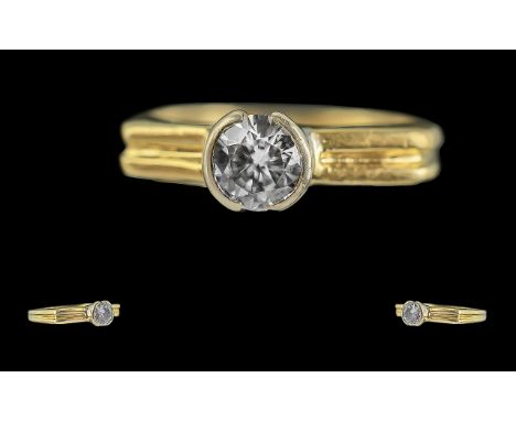 18ct Gold - Contemporary Design Single Stone Diamond Set Ring. Full Hallmark to Interior of Shank. The Pave Set Brilliant Cut