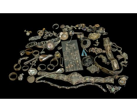 Collection of Vintage White Metal Jewellery, including bracelets, pendants, rings, bangles, brooches, watch, crucifix, tie pi