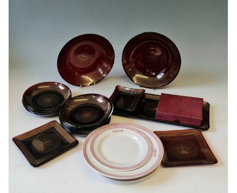 Twenty two pieces of Chance ruby glass with Lucas logo on and three John Maddock &amp;Sons plates with Lucas on.