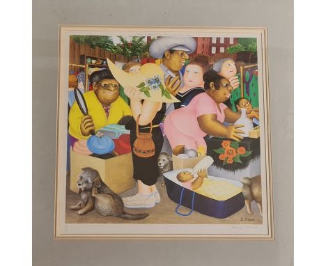 BERYL COOK, signed, print depicting people shopping at a market. Approx 36cm x 36cm. (ARR)