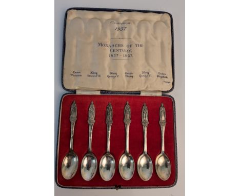 A hallmarked silver set of 6 tea spoons in box, 'Coronation 1937,' 'Monarchs of The Century 1837-1937'