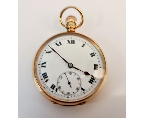 A hallmarked 9ct yellow gold cased crown wind open face pocket watch, the white enamel dial having hourly Roman numeral marke