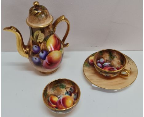 A small Royal Worcester coffee pot cup and saucer with sugar bowl hand painted fruit.