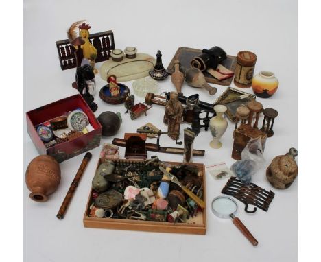 A good mixed lot of collector's items, to include miniature carved wood animals and figures, opera glasses, clockwork torch, 