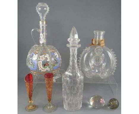 A group of mainly nineteenth century glass ware. To include: a cut glass decanter, two slender vases with red flash and raise