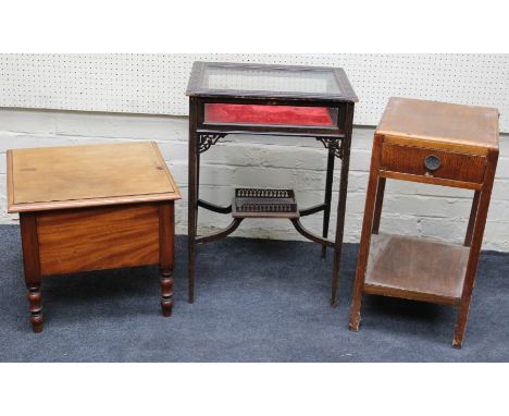 An Edwardian bijouterie table (at fault), a 1930's night stand and a Victorian mahogany commode stool with later divided inte