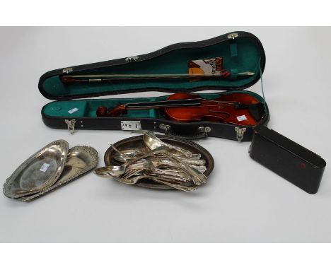 A 20th century child's Chinese violin, length of back 28cm, together with a kodak folding camera and a small quantity of King