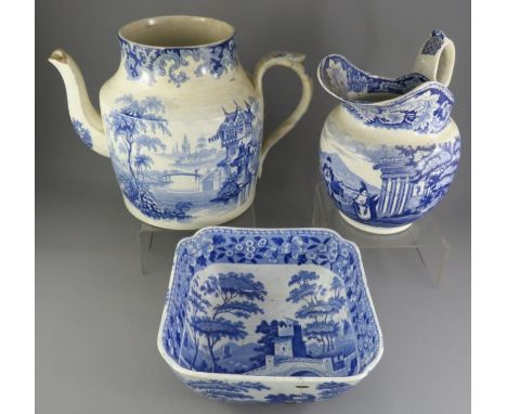 A group of early nineteenth century blue and white transfer printed wares. To include: a Sundial pattern ewer, A Spode Tower 